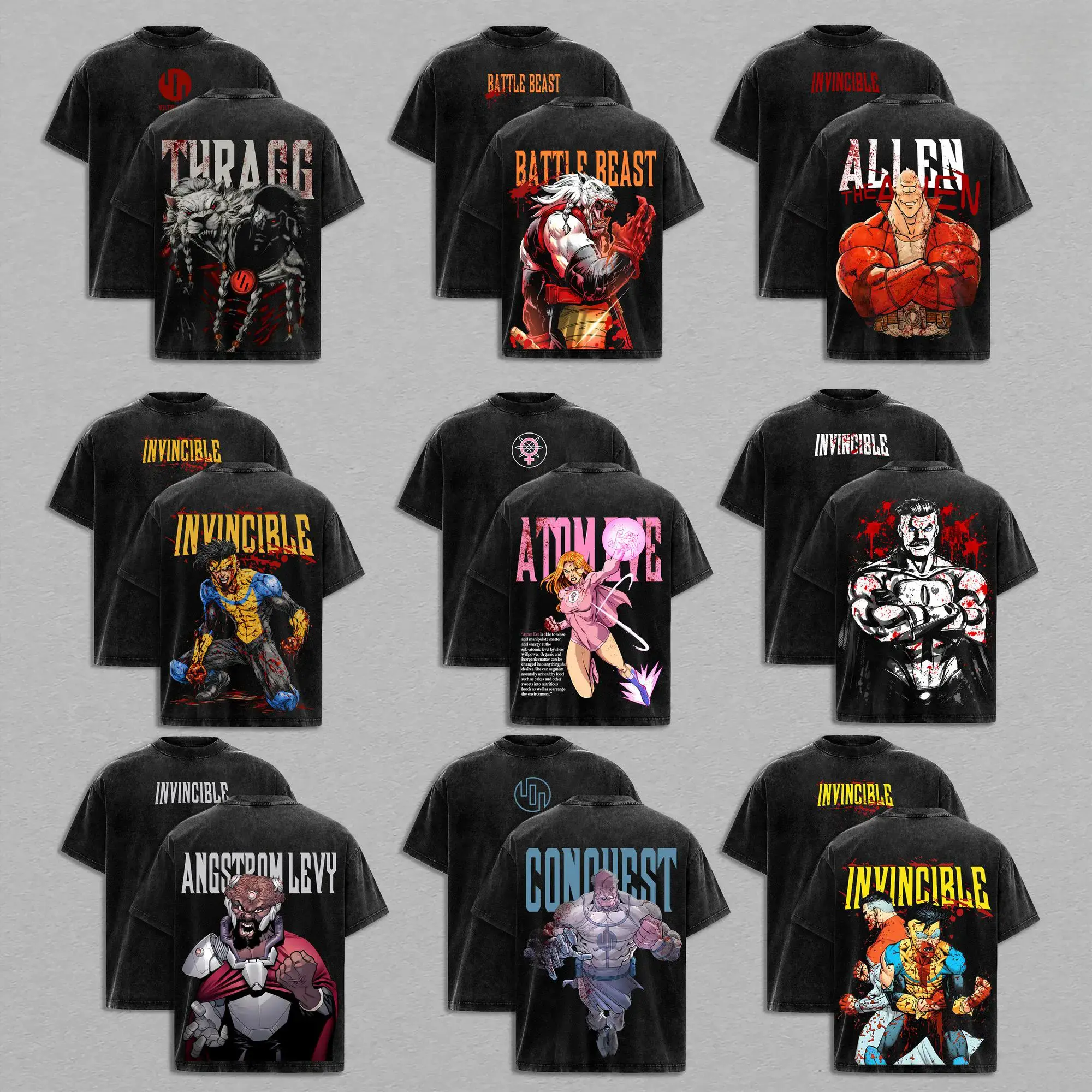 Washed Black Invincible Viltrumite Collection Washed Tee – Inspired Anime Graphic Double Printed T-Shirt, Menswear Heavy Cotton Unisex Oversize Streetwear Vintage Retro, Multiverse Power Edition