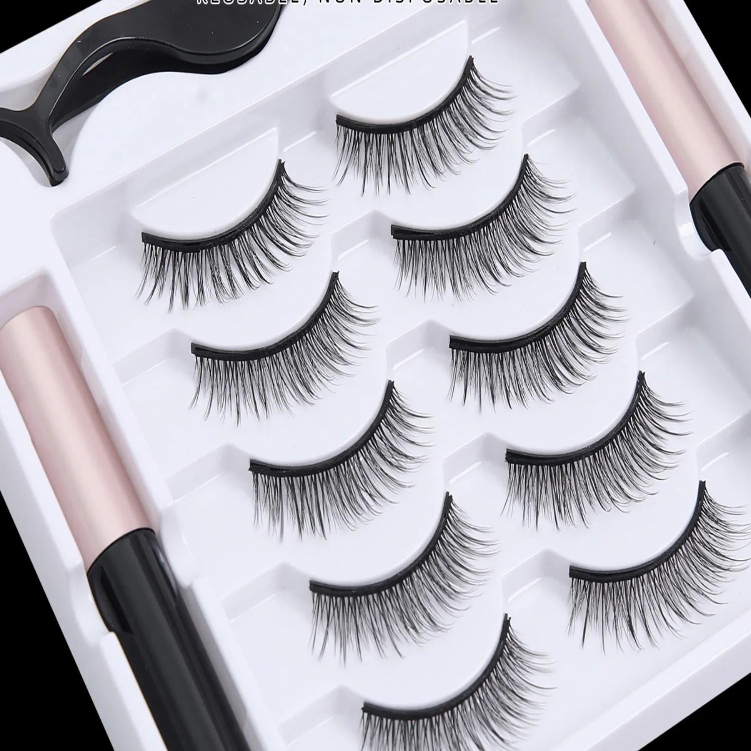 5 Pairs Magnetic Eyelashes with Eyeliner Kit, Reusable Natural Wispy False Lashes, No Glue Magnetic Lashes Set with Applicator, Easy to Wear for Beginners & Daily Makeup