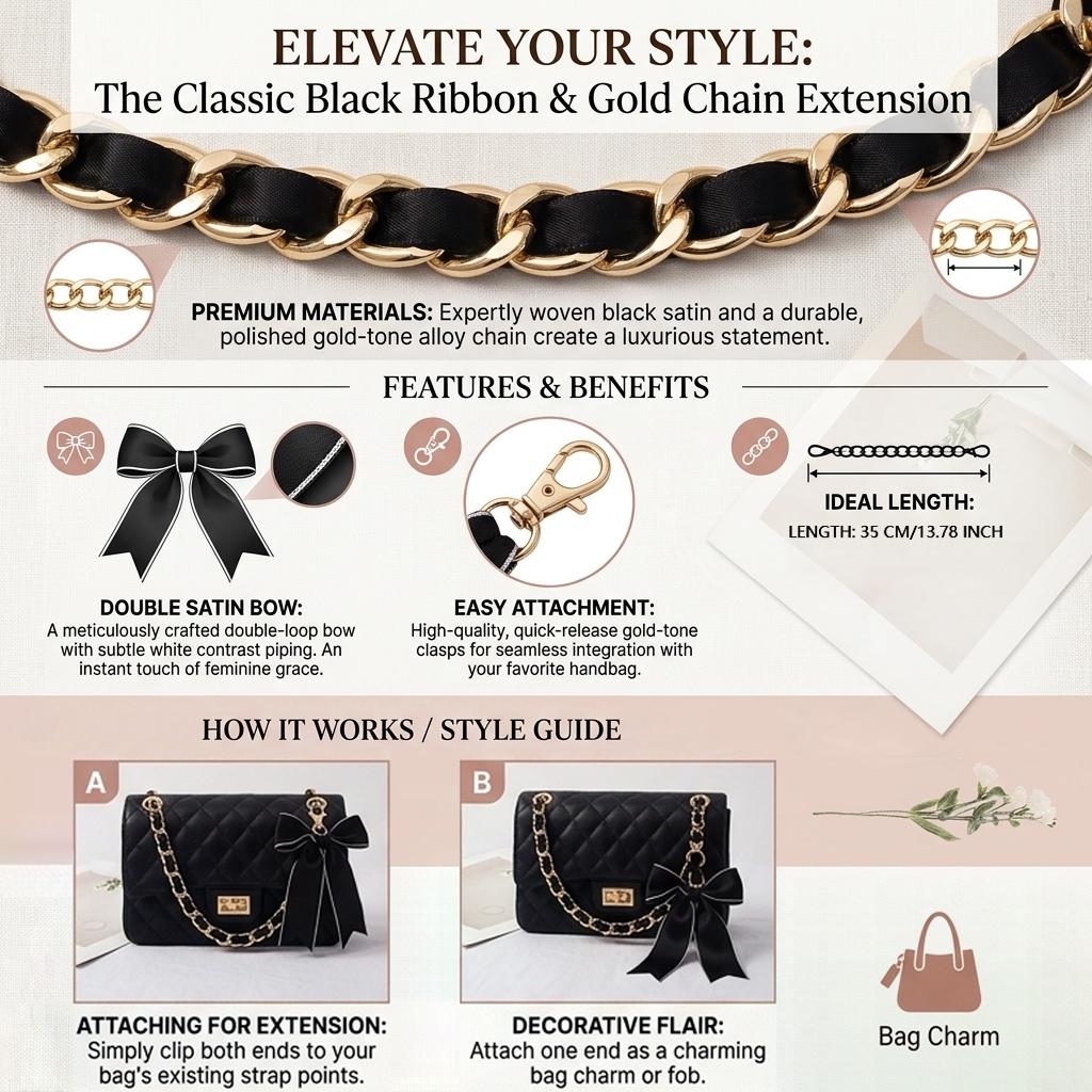 Luxury Satin Bow Bag Chain Strap, Gold Tone Chain Handbag Extender, Aesthetic Coquette Bag Charm, Perfect Birthday Christmas Valentine's Day Gift for Women Girls, Trendy Shoulder Strap for Tote Backpack