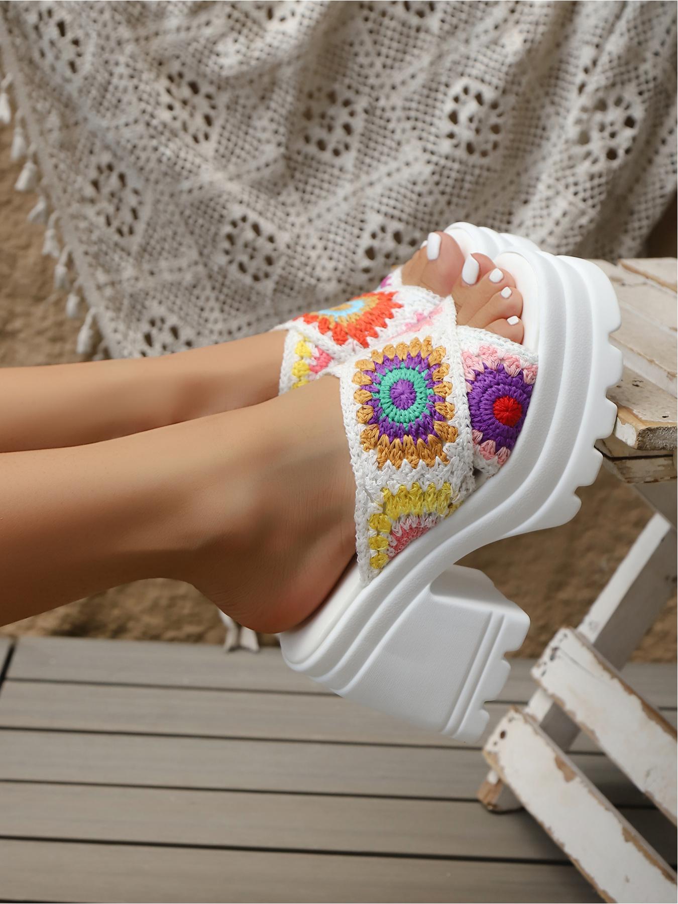Boho Style Handmade Crochet Shoes, Colorful Block Pattern, Cross Strap Design, Thick Sole Heel, Waterproof Anti-Slip, Comfortable & Stylish