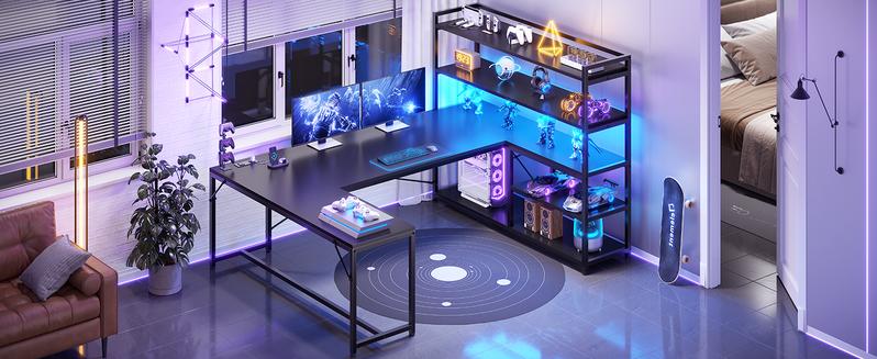 SEDETA 63 Inch Reversible Office Computer Desk L Shaped Gaming Desk with LED Lights Power Outlet 5-tier Storage Shelves Organizer Modern