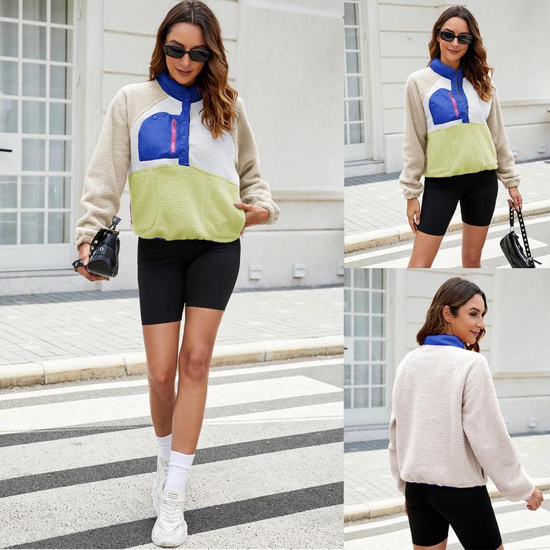 Buenoble Womens Fuzzy Fleece Pullover Sherpa Sweatshirt Long Sleeve Button Down Sweater Winter Fleece Jacket with Pockets