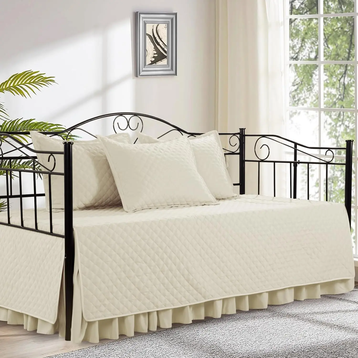 Daybed Cover Sets- Diamond Stitching Daybed Bedding Set, All Season Cozy Bedding with Bedskirt with Shams, Microfiber Filling, 5 Pieces, Beige