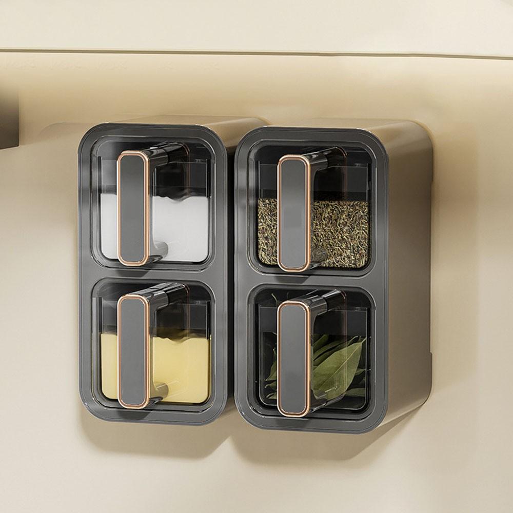 1pc Kitchen Spice Box with Spoon, Adjustable Storage Container, Wall-Mounted Sealed Seasoning Set, Multi-Functional Organizer