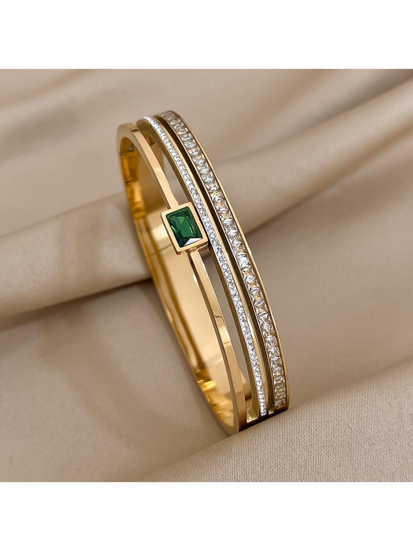 Luxury Stainless Steel Bracelet for Men Women Gold Waterproof Bracelet with Green White Diamonds Wide Band Jewelry New Year Valentine's Day Gift