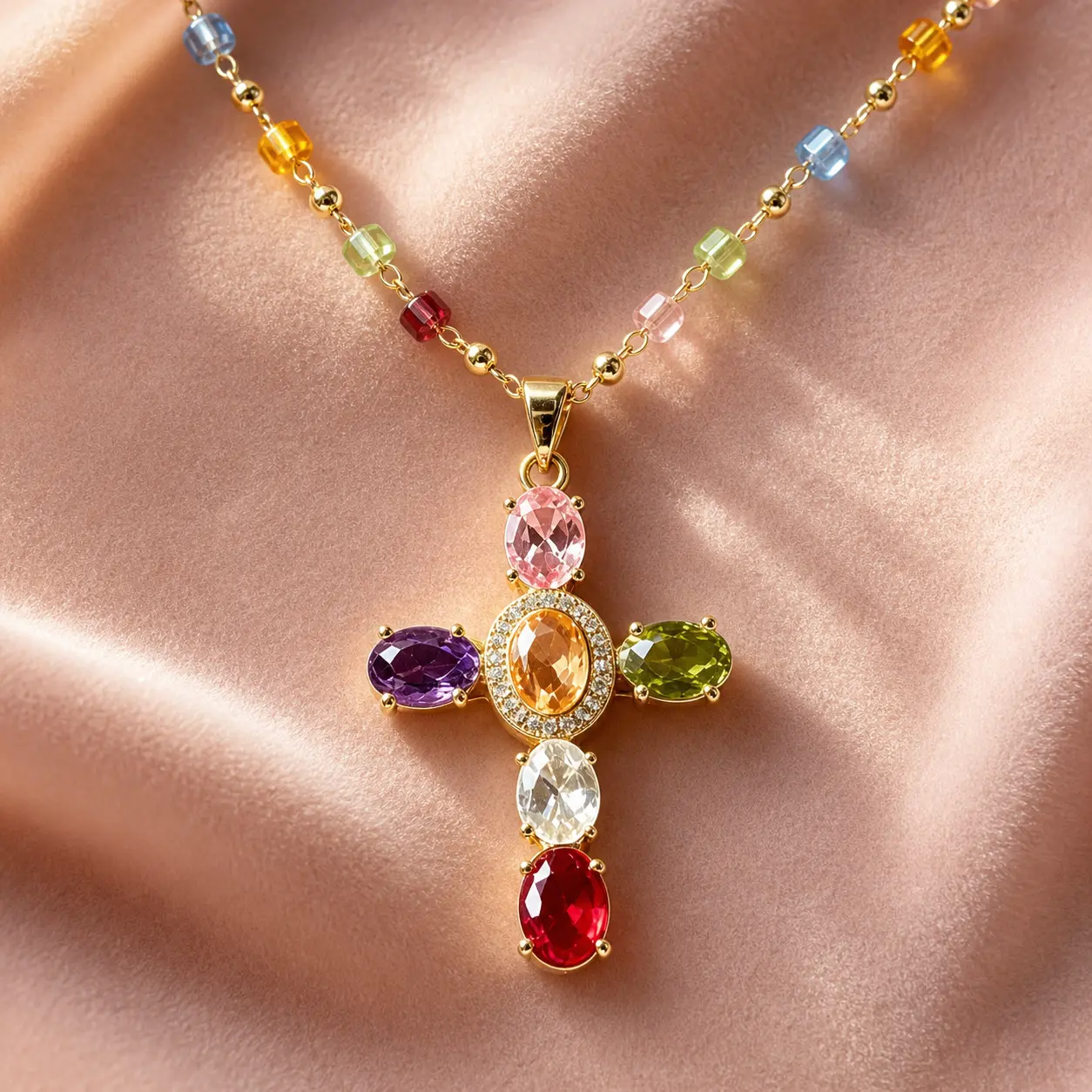 Christian Charm Necklaces with Rainbow Cross Pendant, Elegant Rhinestone Biblical Themed Jewelry, Layerable Faith Accessories for Women, Biblical Themed Necklaces