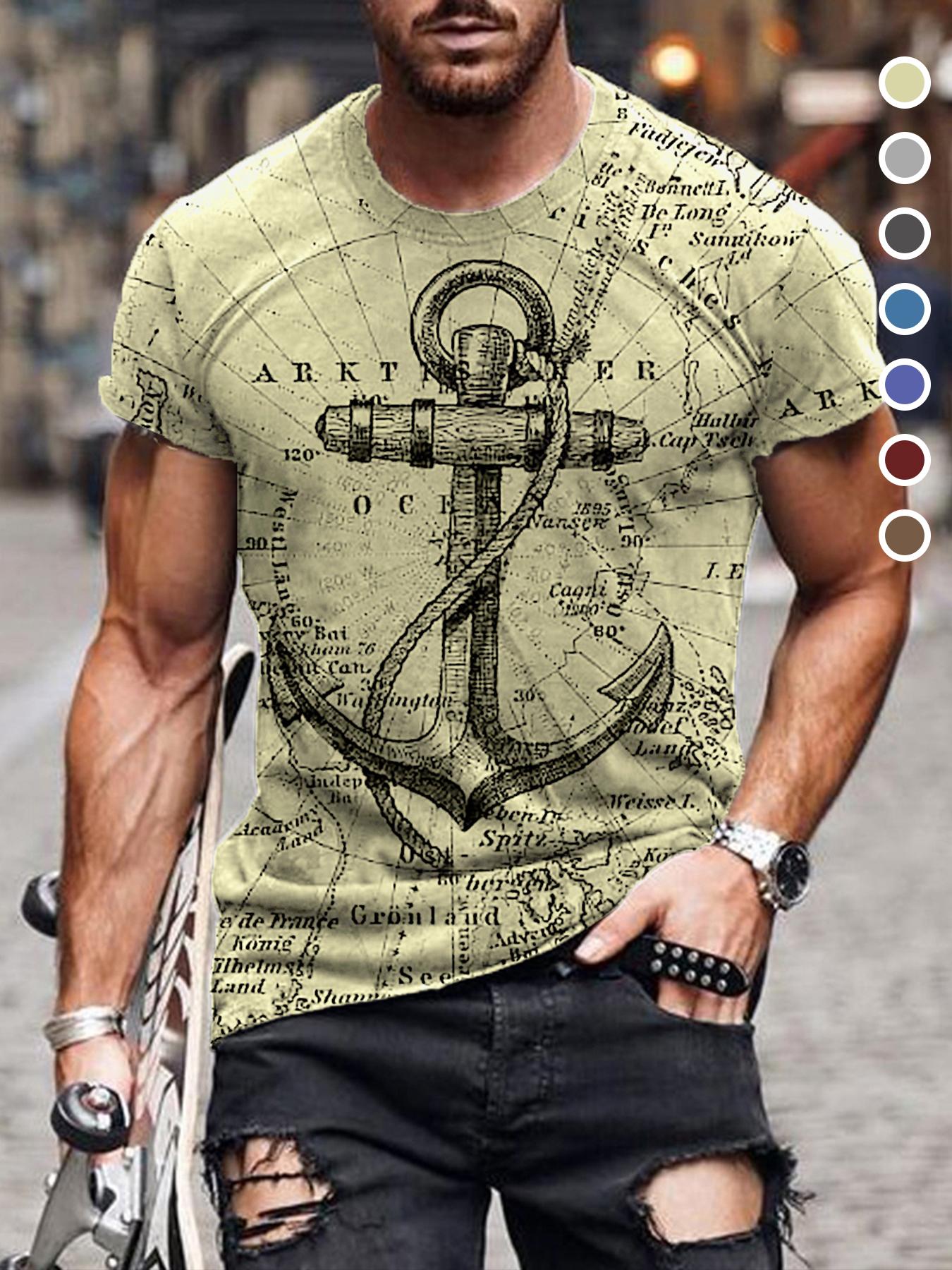 Men's Letter & Anchor Print Round Neck Tee, Summer Clothes Casual Regular Fit Short Sleeve T-Shirt for Summer, Mens Clothes for Daily Wear