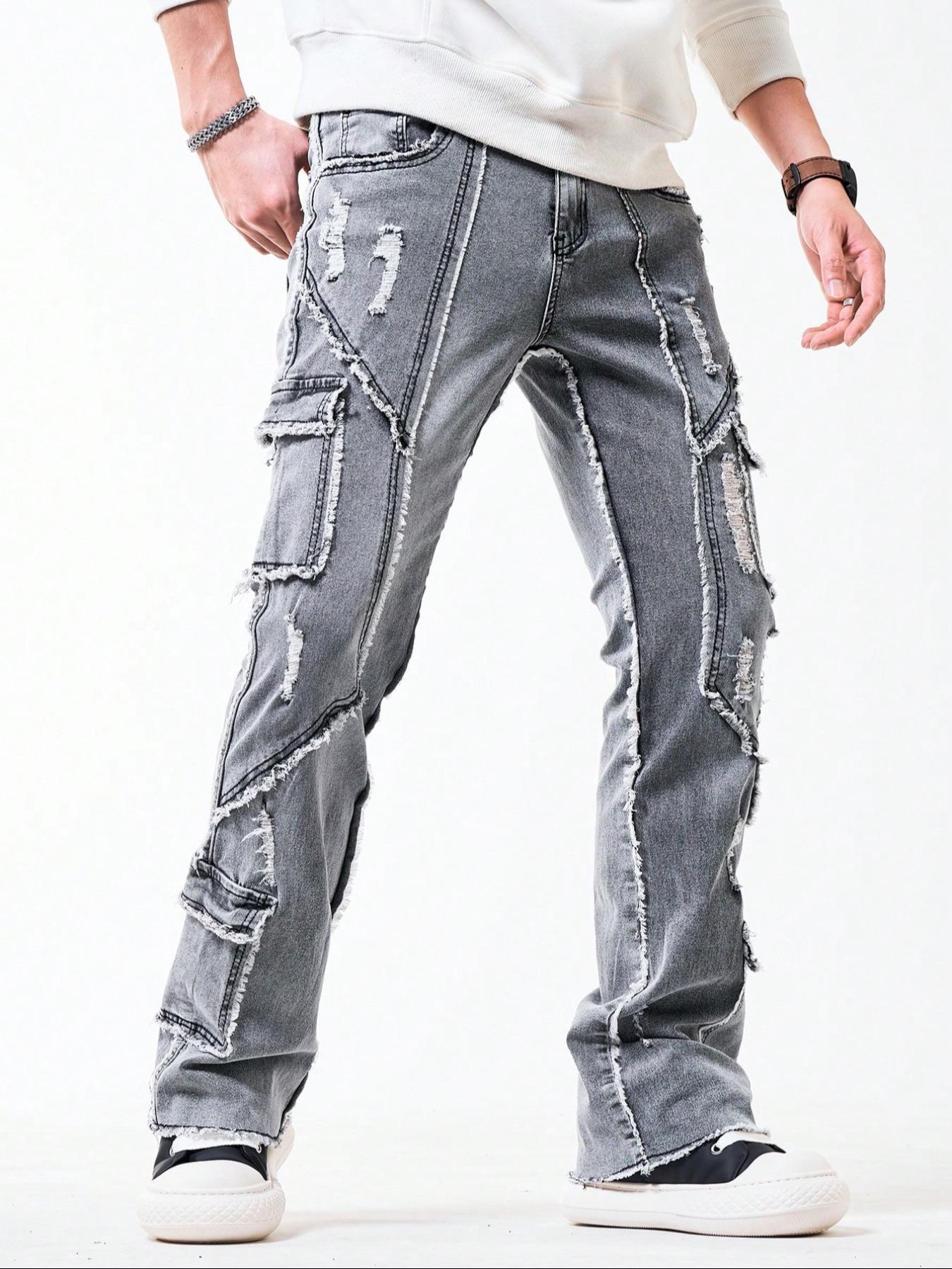 Men's Solid Color Fashion Ripped Fringe Denim Jeans, Mid Waist Stretch Tight Flared Pants with Button Fly, Casual Streetwear Style for Daily Wear