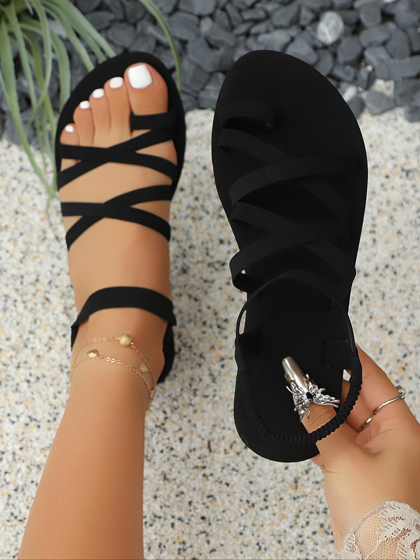 Women's Fashionable Plain Color Cross Straps Slip on Sandals, Casual Open Toe Sandals for Summer, Lightweight Breathable Comfortable Barefoot Shoes for Daily Wear, Girl