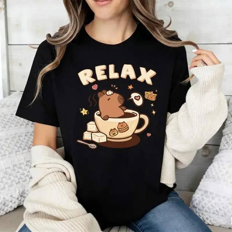 Men's Oversized Capybara Graphic T-Shirt - Unisex Korean-Style Tropical Printed, Round Neck, Short-Sleeve, Breathable Cotton Thick Sweat Fabric, Loose-Fit White Streetwear Summer Casual Top