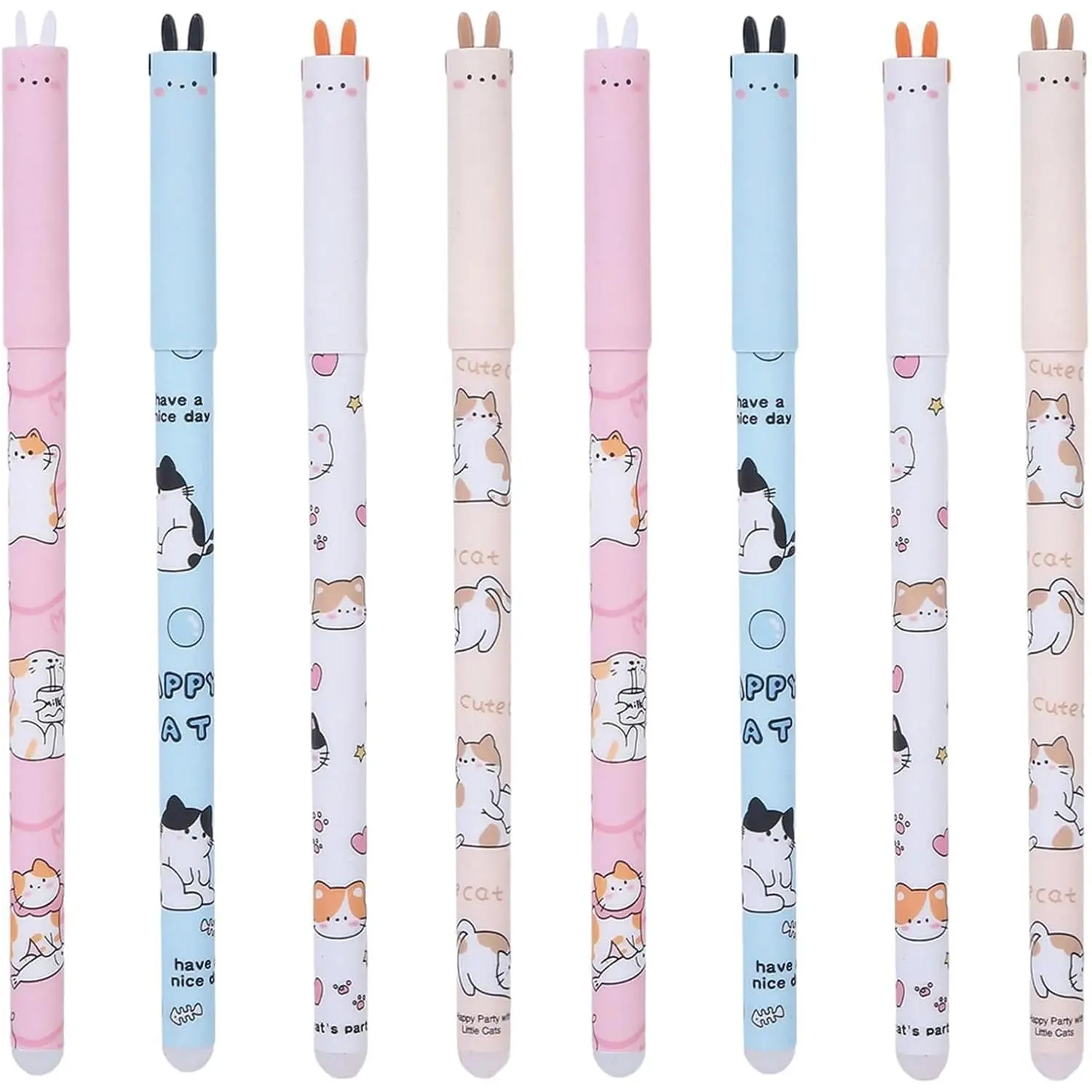8 count Cute  Pens Cartoon Erasable Pens 0.5mm Black Ink Smooth Writing Pen Kawaii Kitten Erasable Gel Pen for Women Men Boys Girls Office School Supplies ( 2-Black Ink)