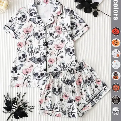 Halloween Skull Floral Print Women's Pajama Set, Fitted Short Sleeve Top and Loose Shorts, Elegant Dark Style Sleepwear for All Seasons, Printed Sleepwear Set