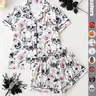 Halloween Skull Floral Print Women's Pajama Set, Fitted Short Sleeve Top and Loose Shorts, Elegant Dark Style Sleepwear for All Seasons, Printed Sleepwear Set