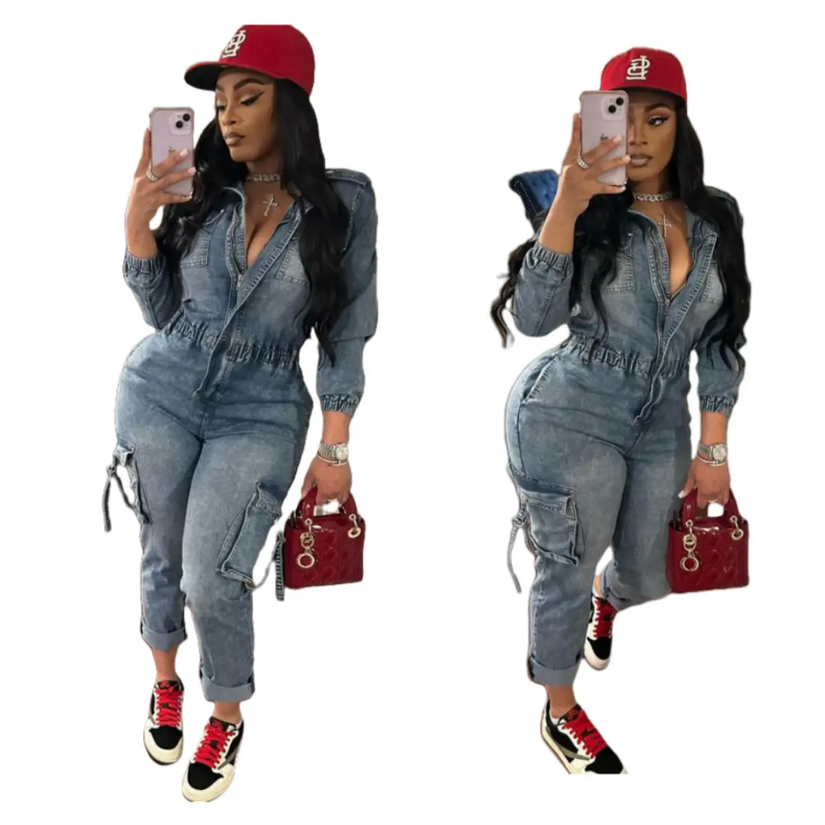 Women New Washed Stretch Denim Jumpsuit, Fashion Long Sleeve High Elastic Denim Rompers, Casual Loose Fit Long Pants Overall, Trendy Streetwear One Piece Outfit For Daily Dating Travel Going Out
