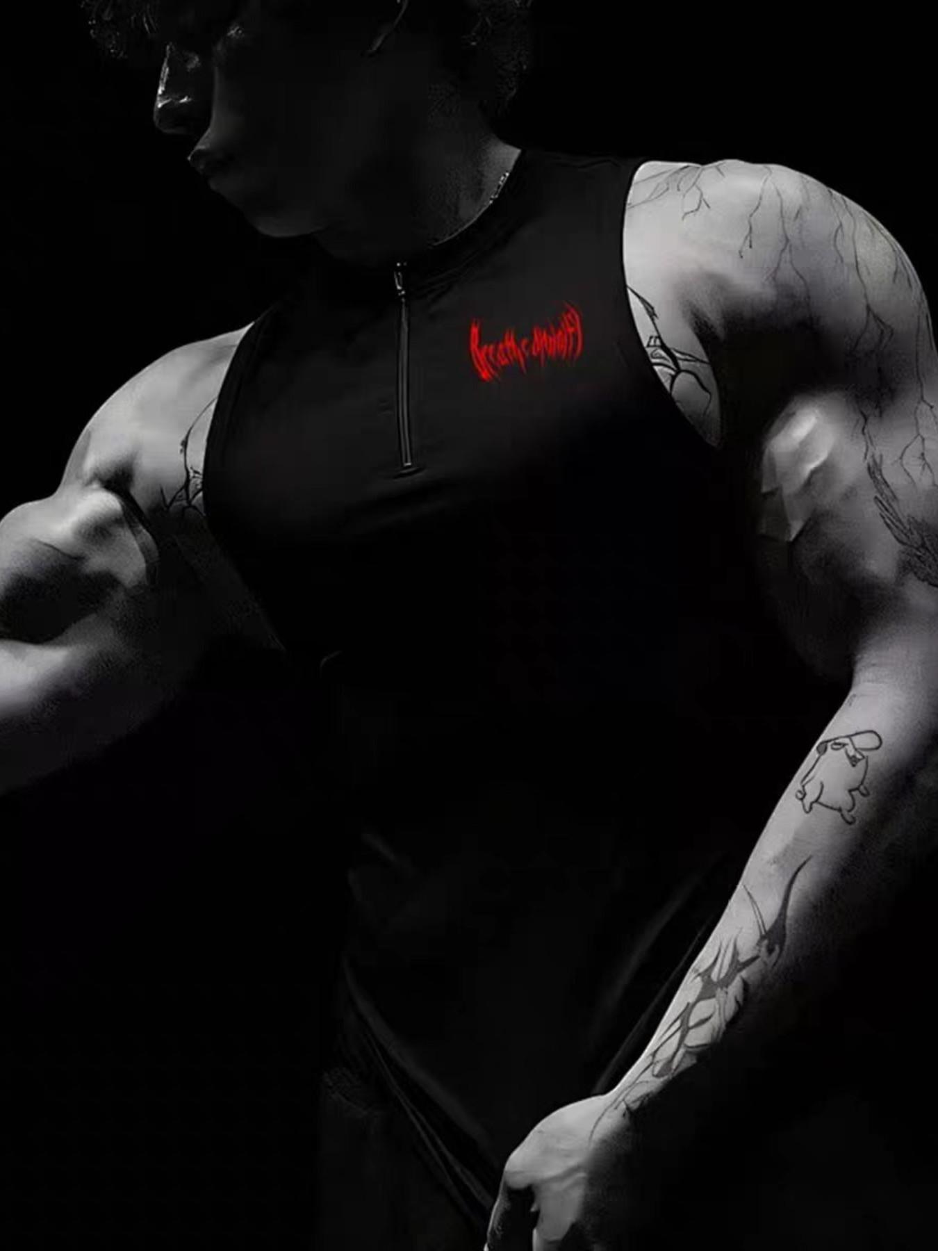 Viral Death Metal Print Compression Tank Top | Men's Half Zip Gym Stringer | TikTok Trendy Bodybuilding Apparel