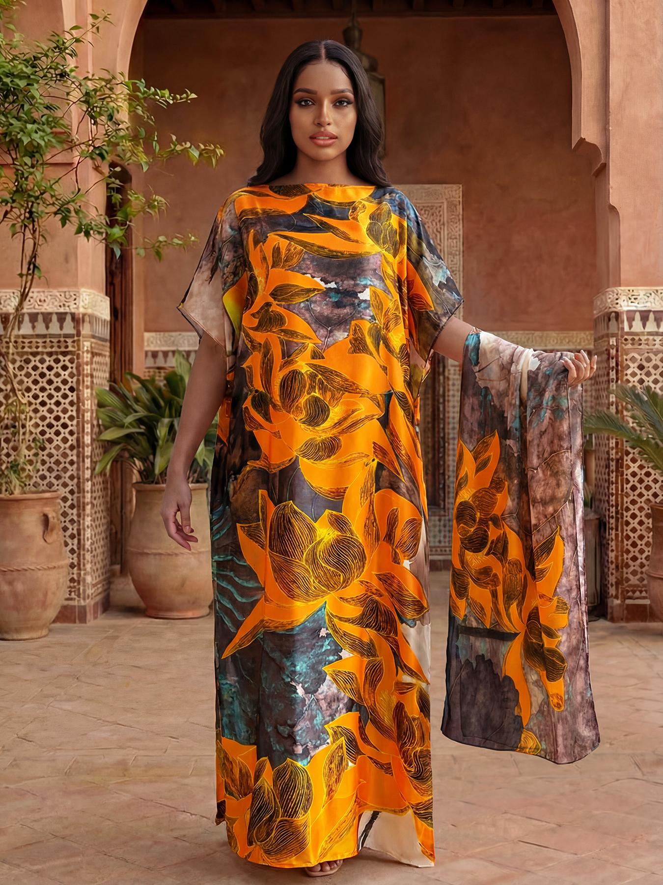Women's Spring Summer Floral Pattern Robe & Thin Loose Fit Shawl Set, Casual Beach Sun Protection Satin Scarf