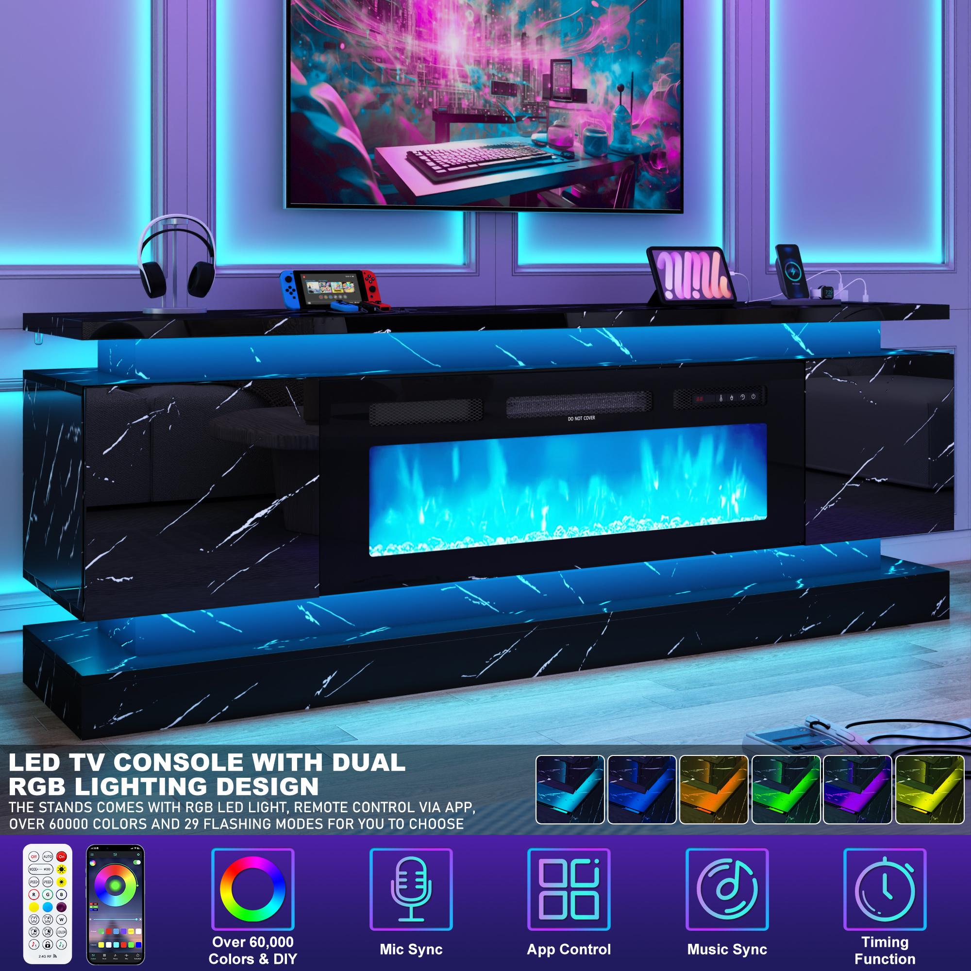 71in Fireplace TV Stands w/40 inch Fireplace Power Outlet for 85/80/75 Inch TV,High Glossy Modern TV Console Gaming Entertainment Center with 2 Storage Cabinets,Dual LED Lights,Black/White 71in Fireplace TV Stands w/40 inch Fireplace Power Outlet for 85/80/75 Inch TV,High Glossy Modern TV Console Gaming Entertainment Center with 2 Storage Cabinets,Dual LED Lights,Black/White