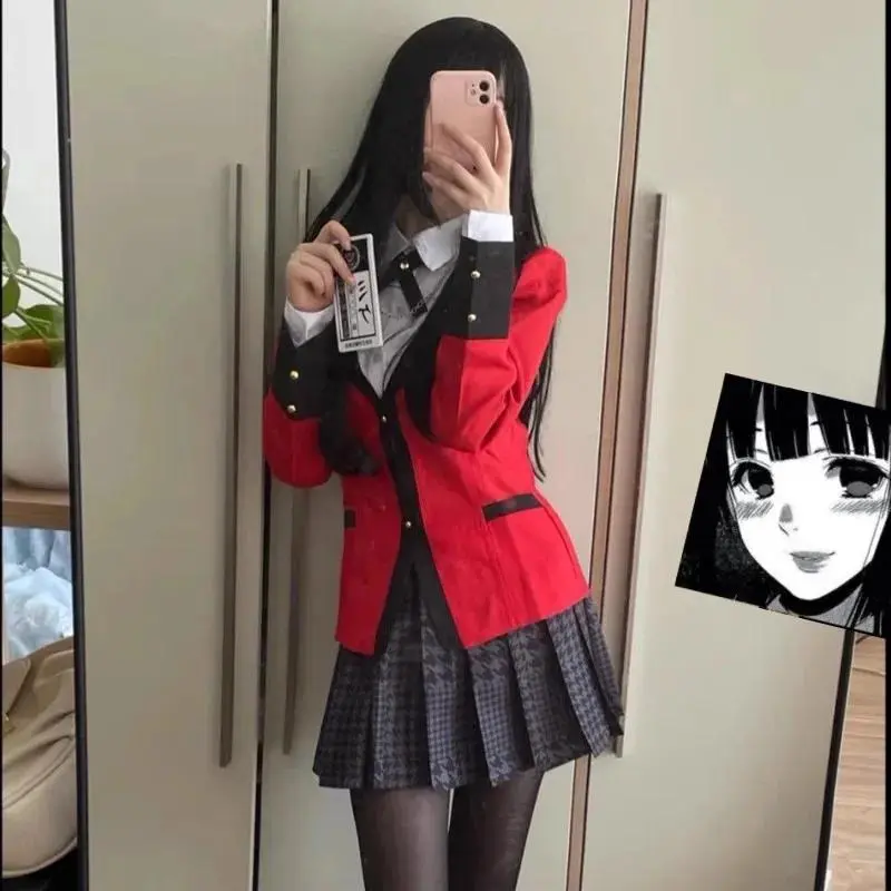 Anime Kakegurui Jabami Yumeko-Sayaka Compulsive Gambler Cosplay Set, Japanese School Girl JK Uniform with Clothes Accessories for Halloween