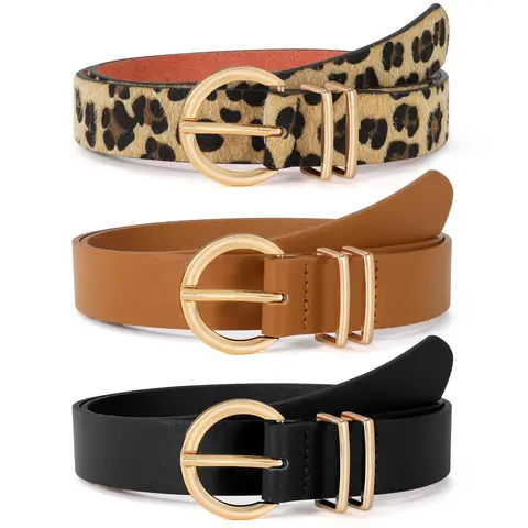 XZQTIVE Women's 3-Pack Easy Adjustable Holes PU Leather Belt - Versatile Fashion Buckle Statement Belt for Jeans & Casual Dresses, Consistent Fit, Golden Buckle, Multi-Size Halloween Accessory, Easy Adjustable Belt