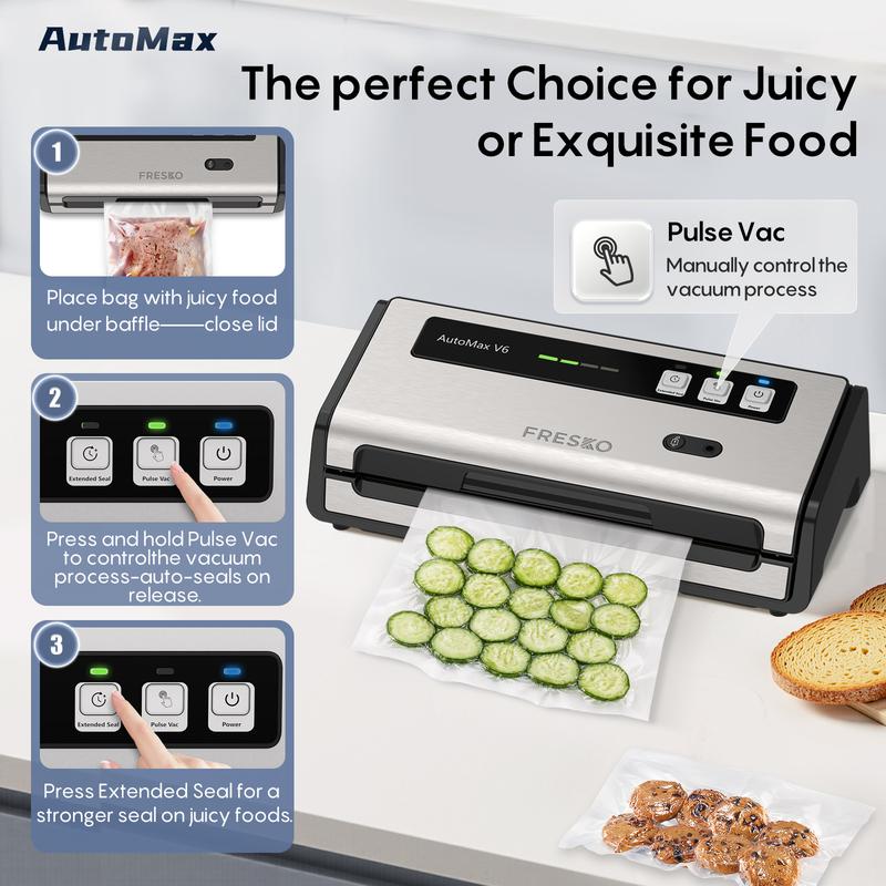 FRESKO AutoMax V6 Automatic Vacuum Sealer Machine, Double Heat Seal Food Saver with Built-in Cutter & Bag Storage, Includes Bags & Rolls