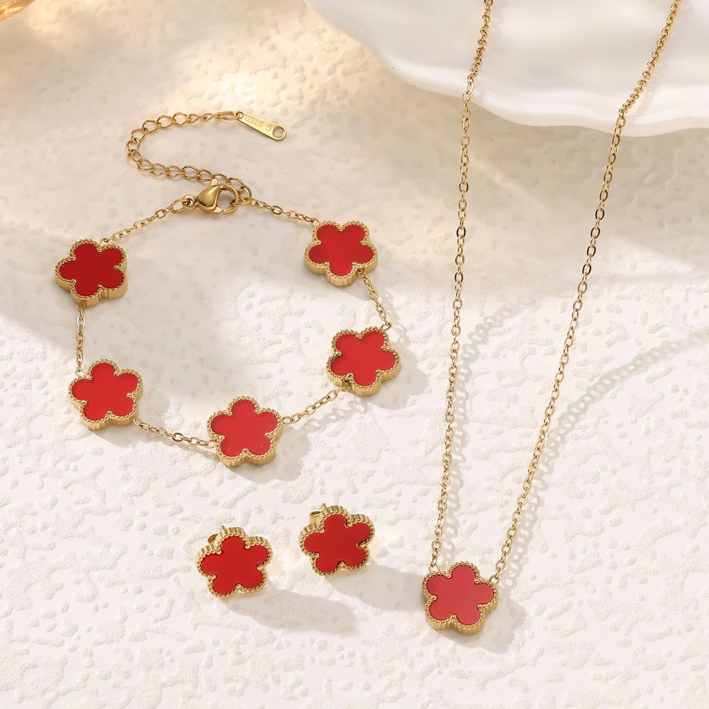 3Pcs Gold Plated Black Clover Jewelry Set, Dainty Enamel Quatrefoil Necklace Bracelet Earrings Combo, Fashion Jewelry Gift for Her