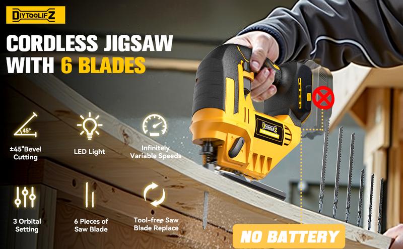 Cordless Jigsaw Compatible with Dewalt 20V Battery(NO Battery!!), Jig Saw Tool Brushless, 2900RPM, 0°-45°Bevel, 3 Orbital Action,LED Light for Straight/Curve Cuts Cordless Jigsaw Compatible with Dewalt 20V Battery(NO Battery!!), Jig Saw Tool Brushless, 2900RPM, 0°-45°Bevel, 3 Orbital Action,LED Light for Straight/Curve Cuts