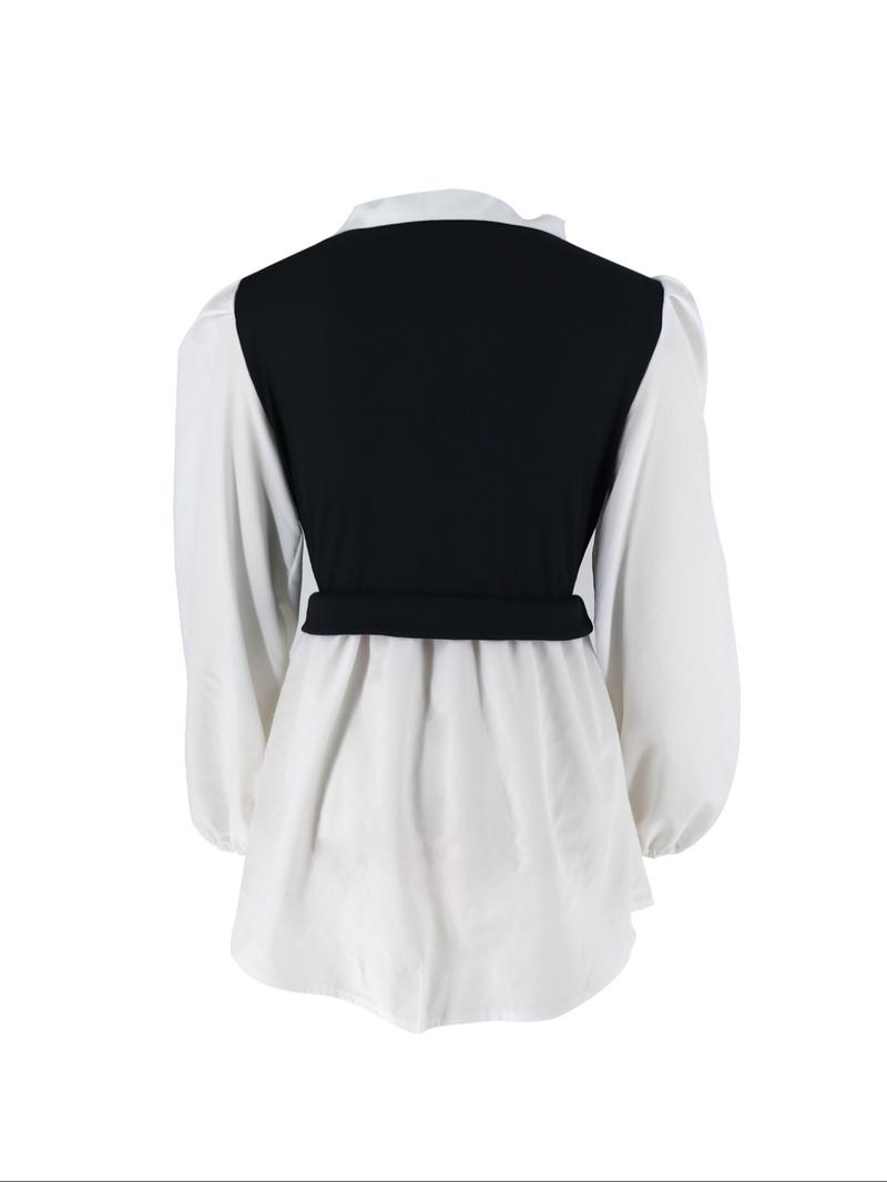 Women's Colorblock 2 in 1 Long Sleeve Button Collared Blouse, Casual Bishop Sleeve Collar Top for Spring & Fall, Women's Clothes for Daily Wear, Vintage 90s Tops