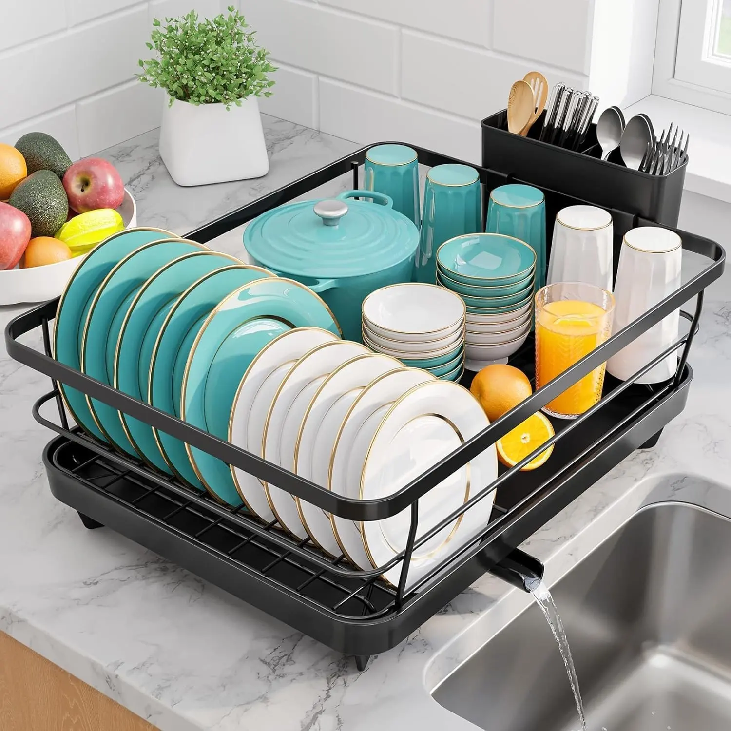 Dish Drying Rack - Stainless Steel Dish Rack with Drainboard for Kitchen Counter and Sink, 15.6" D x 12" W x 5" H, Black