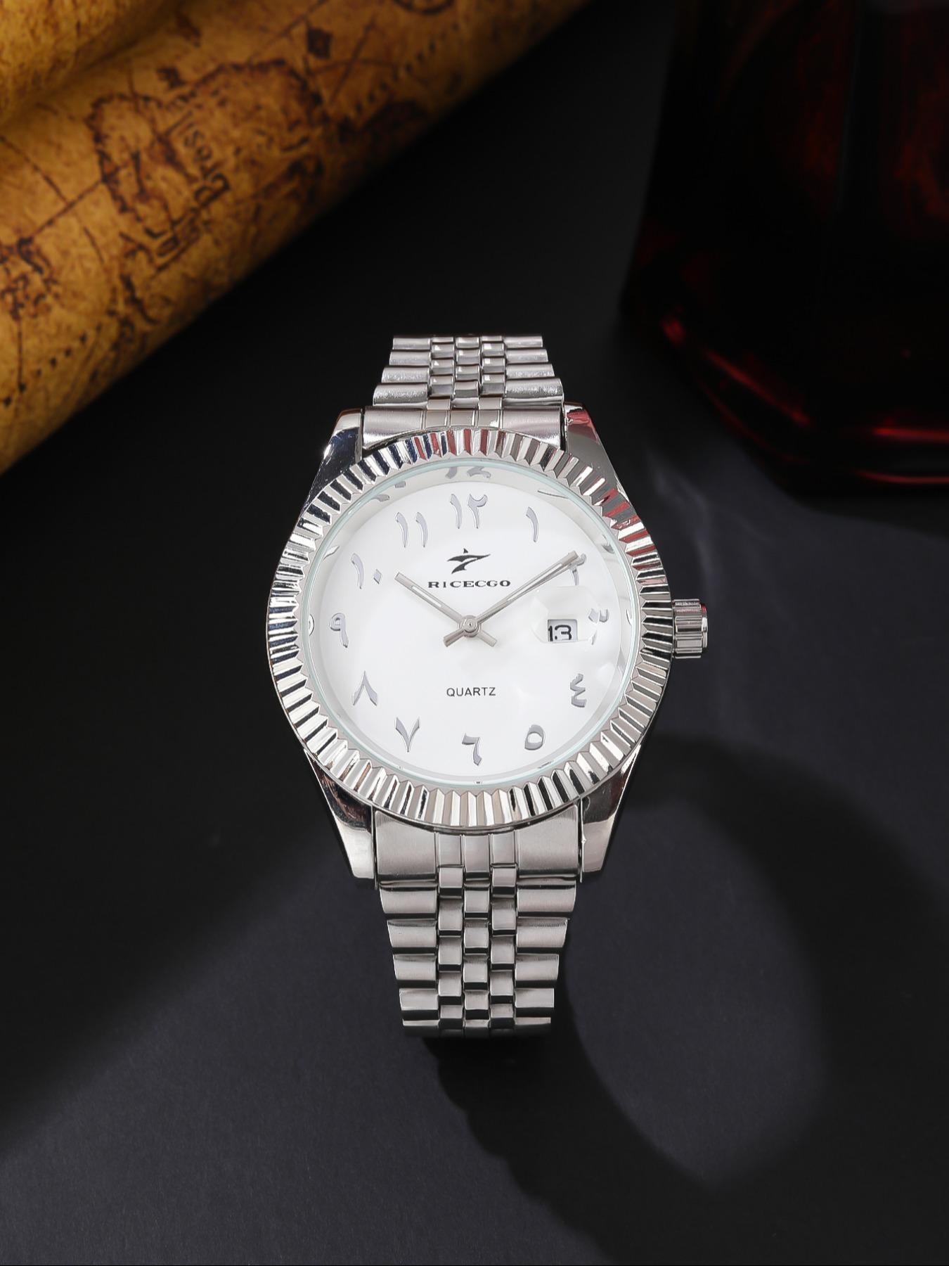 1pc Men's Analog Quartz Wristwatch, Arabic Numerals, Durable Stainless Steel Bracelet, Stylish and Versatile Accessory, Date Function, Suitable for Any Occasion, with Box, Analog Watches!