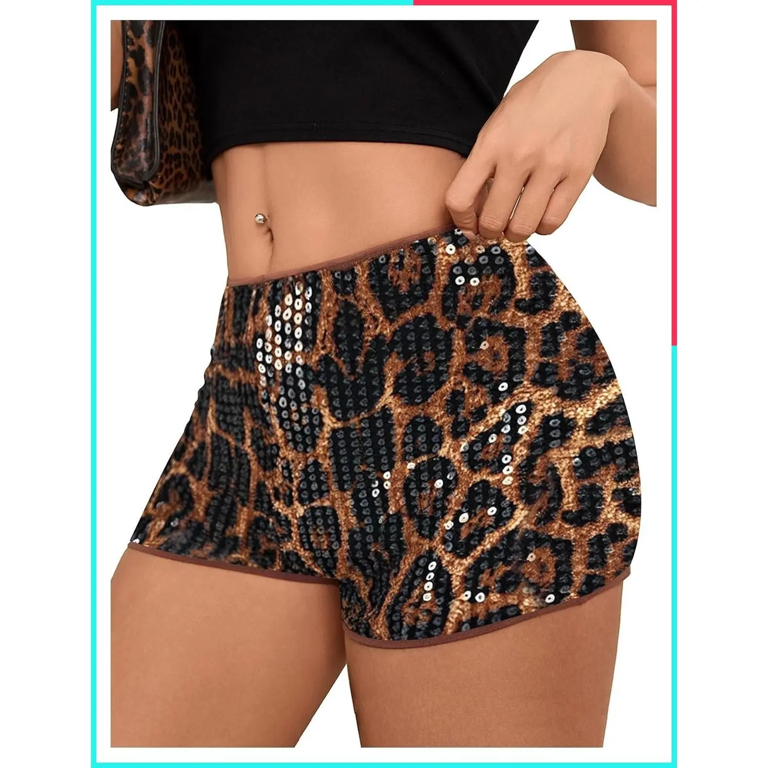 Women's Cheetah Leopard Print Micro Shorts Y2K Sparkly Skinny Rave Music Festival Outfits