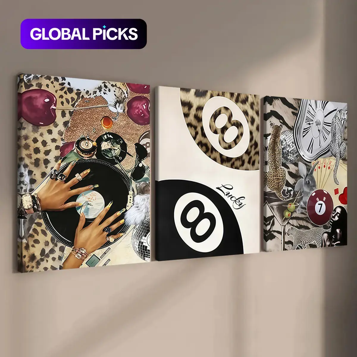 3-Piece Wood Frame Canvas Art Poster Set, Leopard Print Mix & Match Modern Wall Decor Bedroom Decor, High-Definition Waterproof Home Decoration