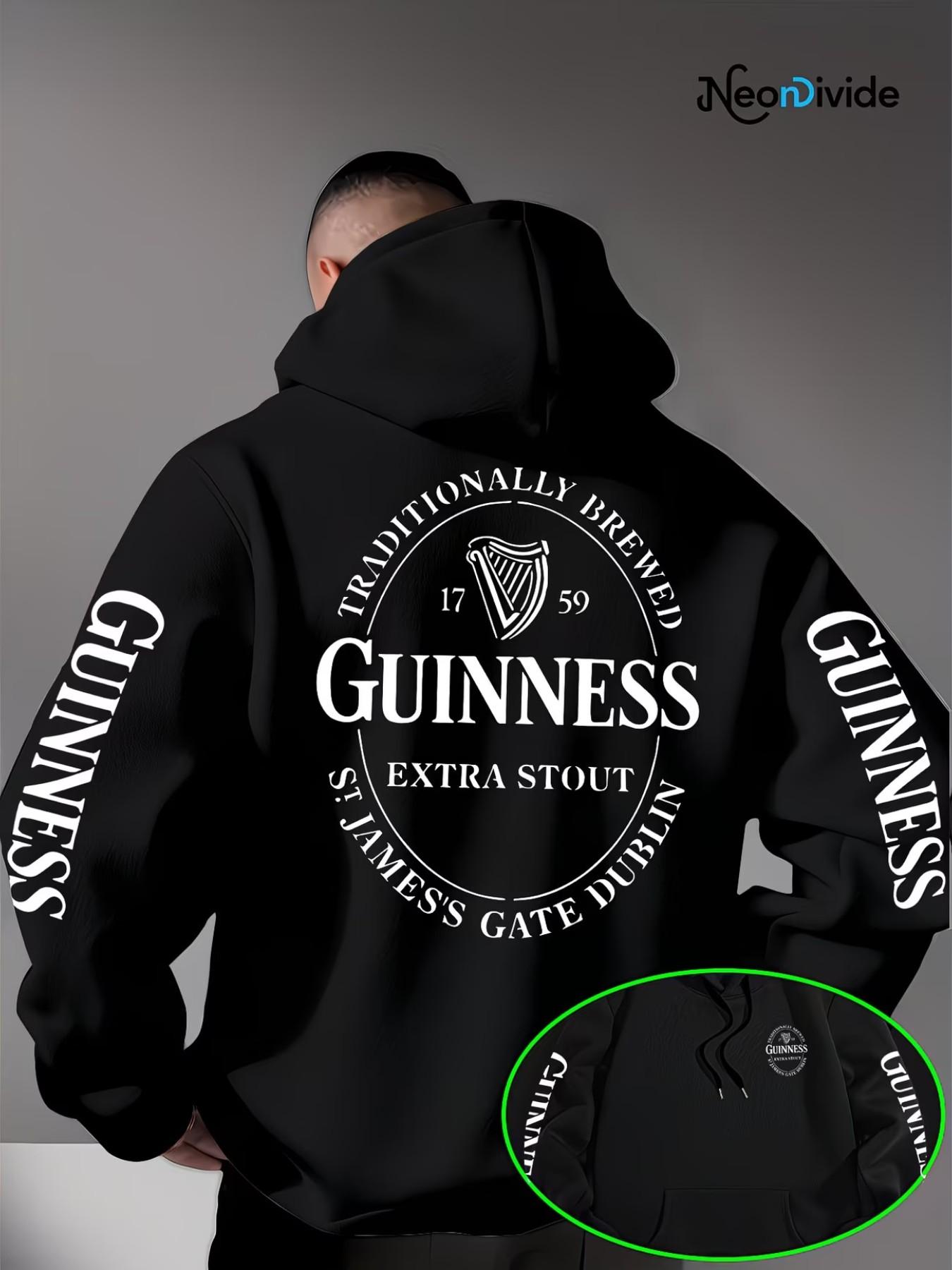 Trendy Men's Guinness Print Hoodie, Drawstring Kangaroo Pocket Design, Loose Fit, Lightweight Knit, Fall Winter Streetwear