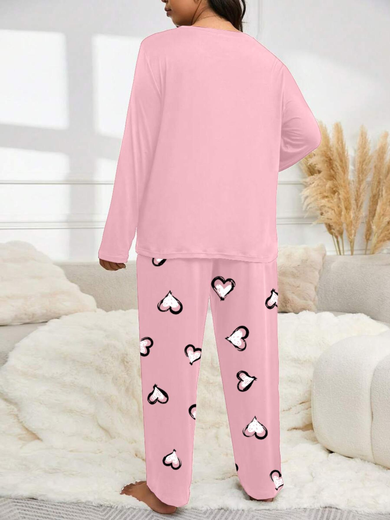 Plus Size Women's Heart Print Long Sleeve Pajama Set, Casual Fitted Sleepwear, Pajamas Sets, Comfortable Home Wear for Fall & Winter