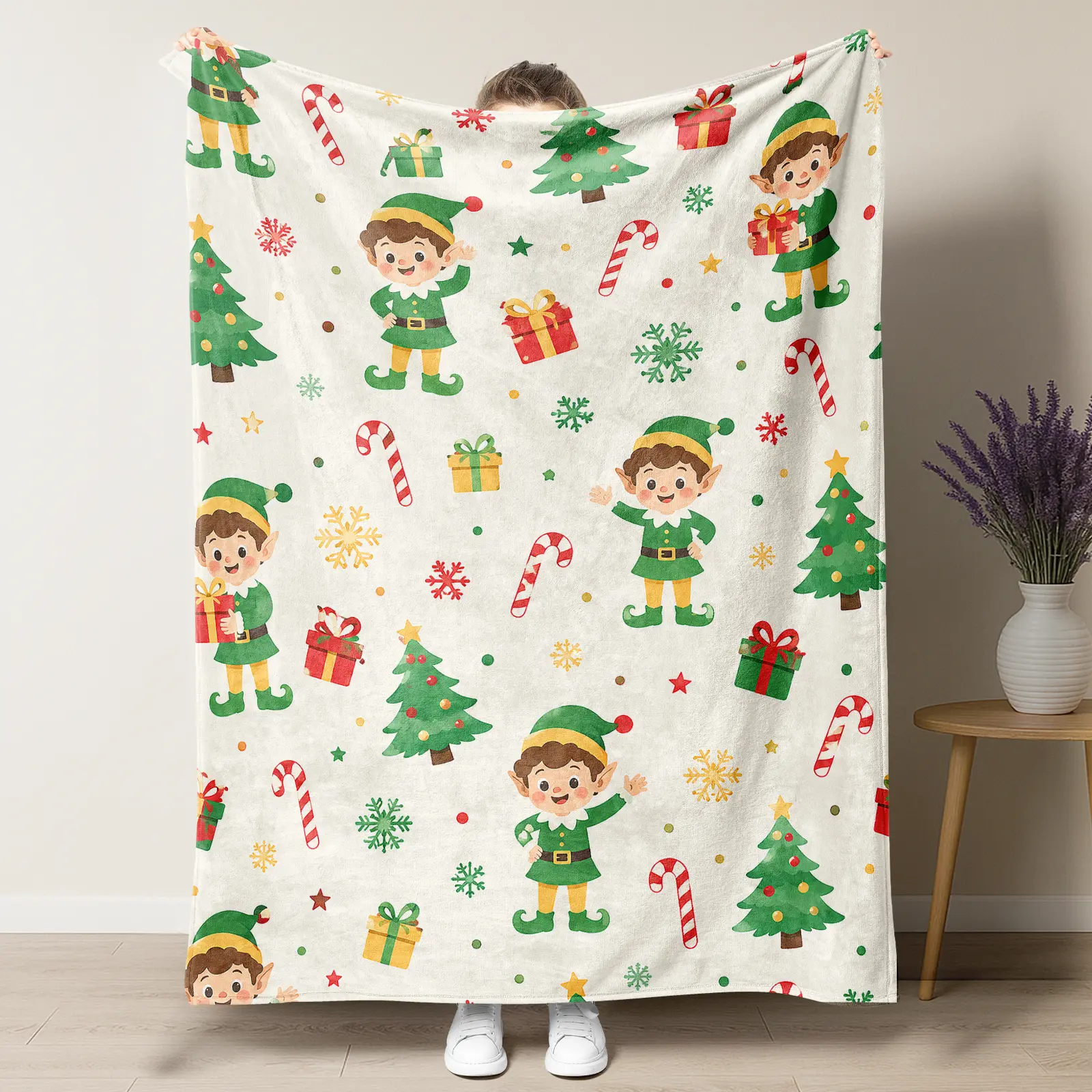 Cute Cartoon Christmas Elf Pattern Throw Blanket,White Background Xmas Elf Christmas Tree Candy Cane Flannel Blanket,Christmas Home Decoration,Soft Warm Home Essentials,Sweet Christmas Gift For Kids Family Friends,Back To School,College Dorm Haul