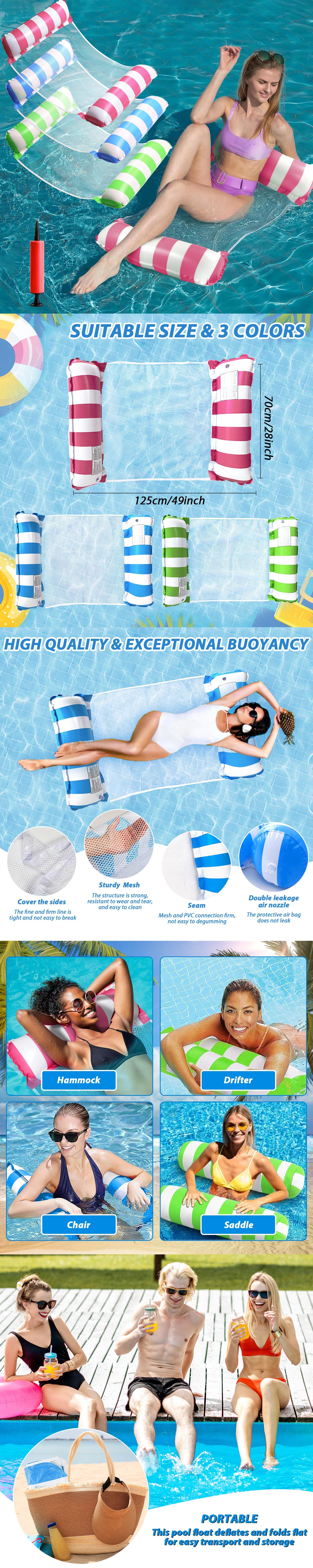 Qyeah 3 Packs Inflatable Pool Floats Water Hammock Lounges For Adult 4-In-1 Pool Floaties Toys Swimming Pool Drifter Saddle Lounge for Swimming Pool, Beach