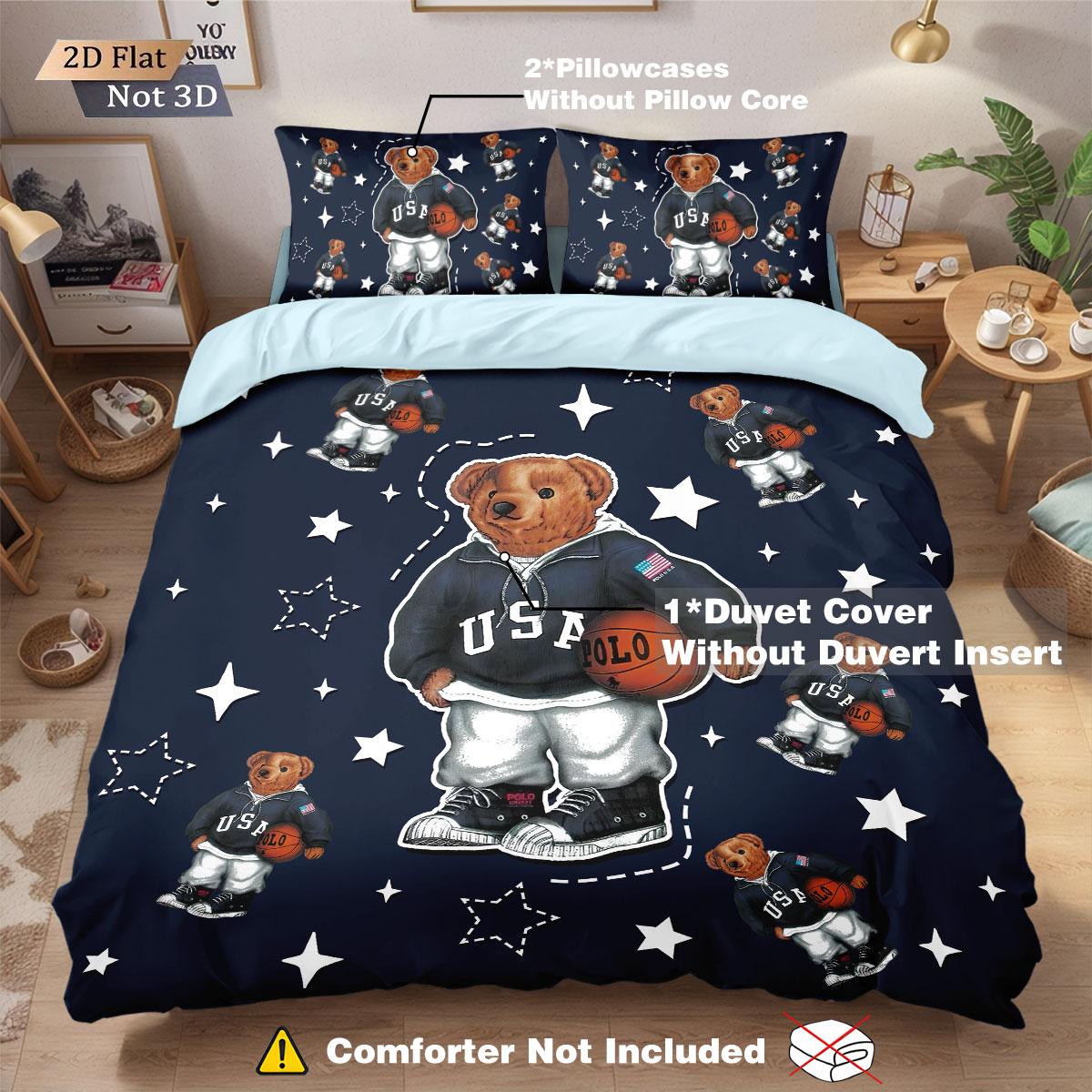 3pcs COOL BEAR Print Soft Bedding Set with Includes 1* Duvet Cover and 2*Pillowcases, No filling，Perfect for Patriotic Bedding Gift, Home Decor, Bedroom Accessories