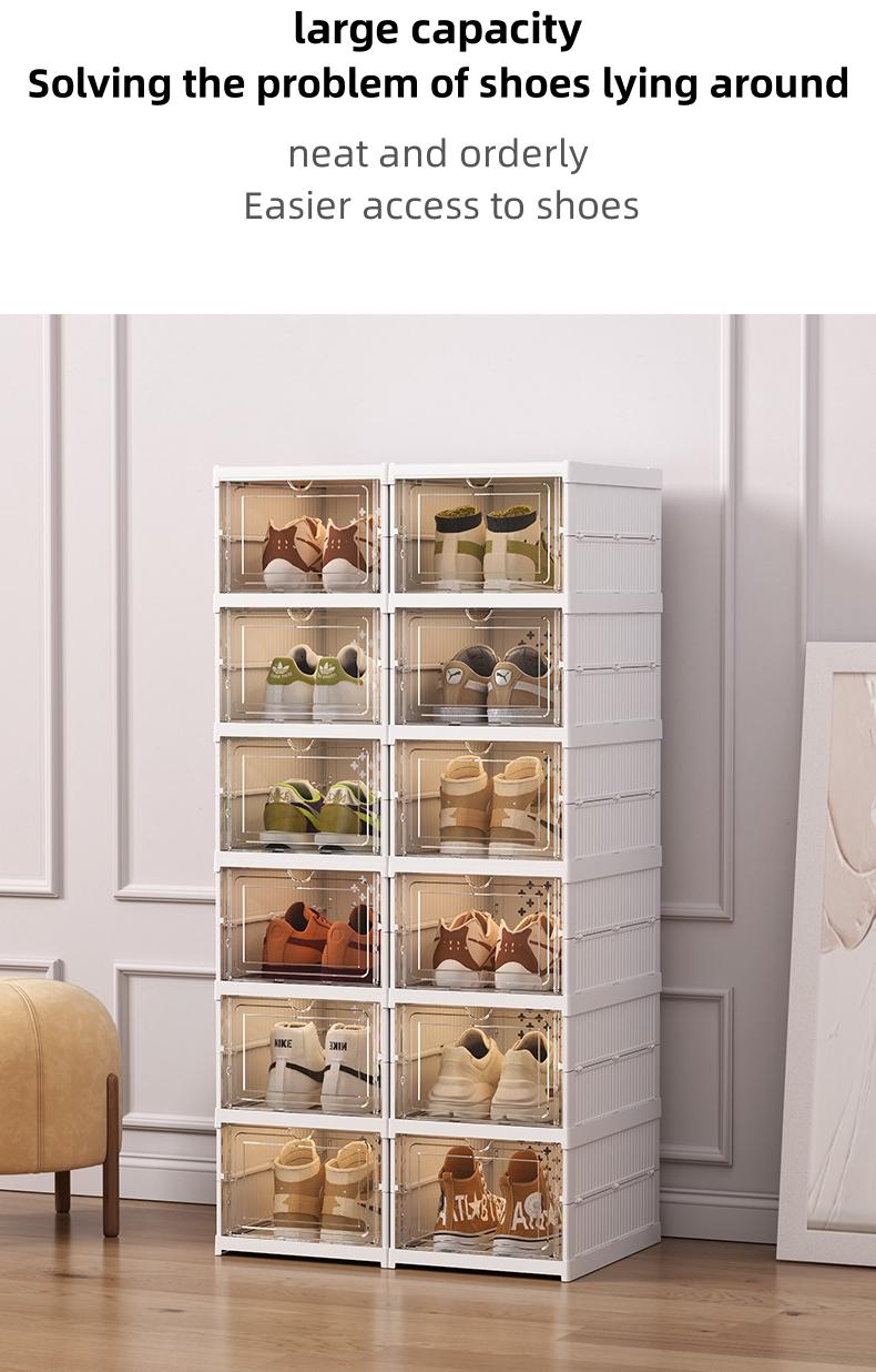 6-layer foldable shoe box Foldable Shoe Rack Collapsible Storage Box Size up to15, Free Standing Bins Stackable Plastic Tote with Lids Organizing Installation Free Clear Dustproof 6 LayersWhite transparent gray Footwear Organizer Organiser Black