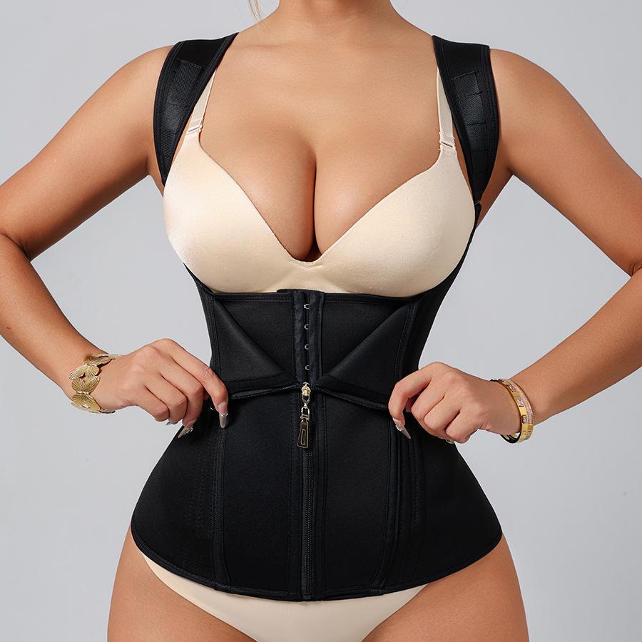 Women's Compression Corset Shapewear Top - Nylon Blend, Breathable Mesh High-Stretch Vest with Steel Bones, U-Shaped Chest, Adjustable Zipper, Hooks, Straps for Tummy Smoothing, Waist Trainer