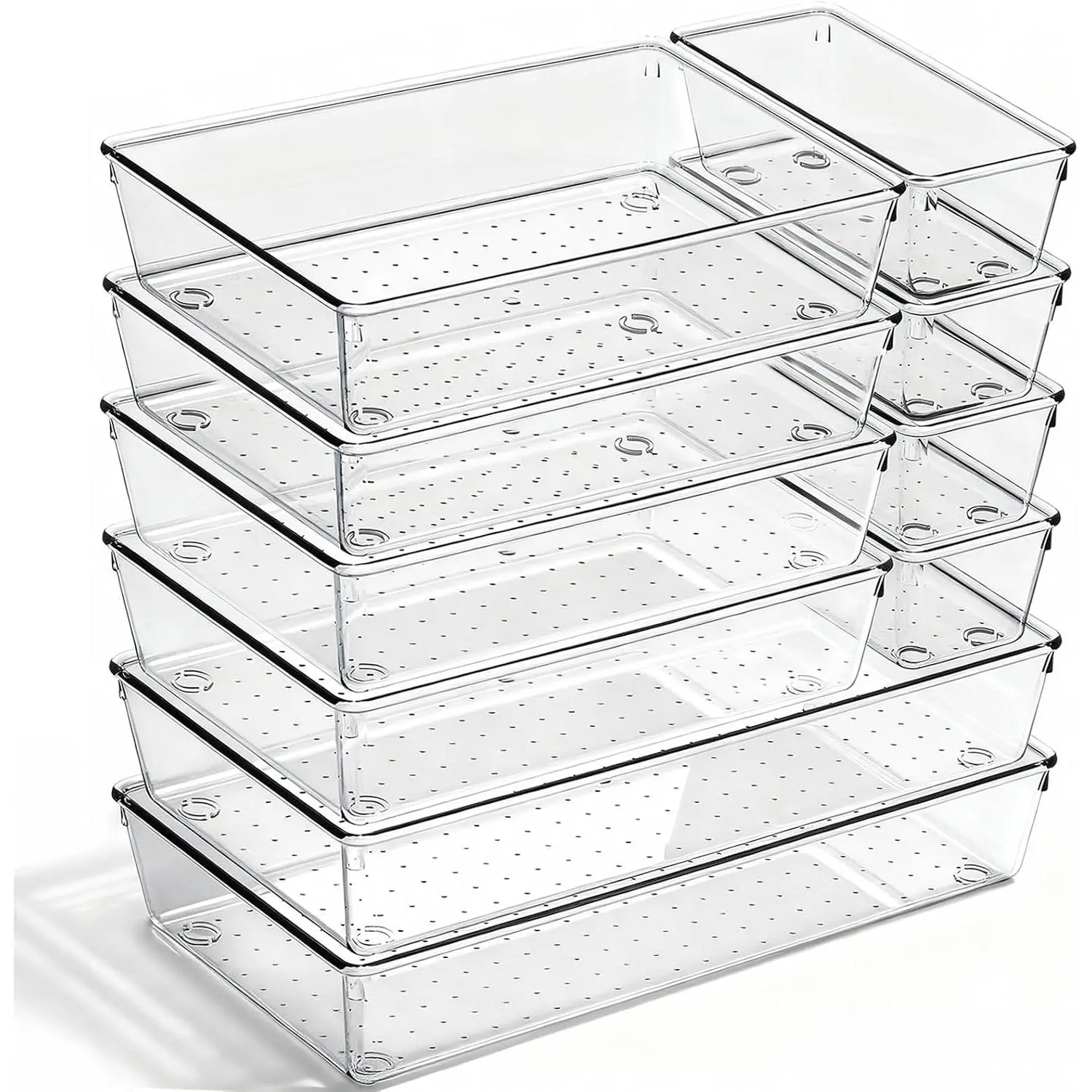 8 Pack Large Drawer Organizer Bins - Clear Plastic Bathroom Drawer Organizer Trays - Heavy Duty Kitchen Drawer Dividers for Utensils - Non-Slip Storage Bins for Makeup, Bedroom, Office Desk