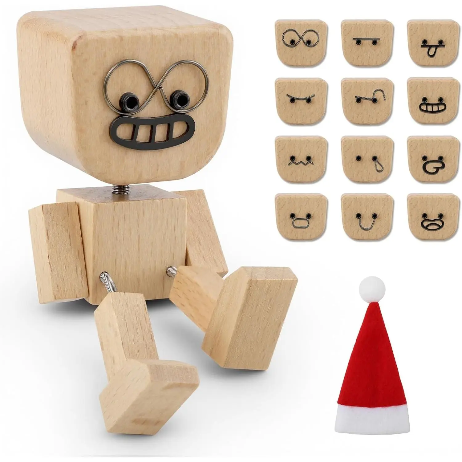 1PCS Shaking Tiny Feet Wooden Doll with Spring Legs with 12pcs Magnetic Expressions Funny Cars Ornaments Wood Desktop Decor, Car Dashboard Accessories