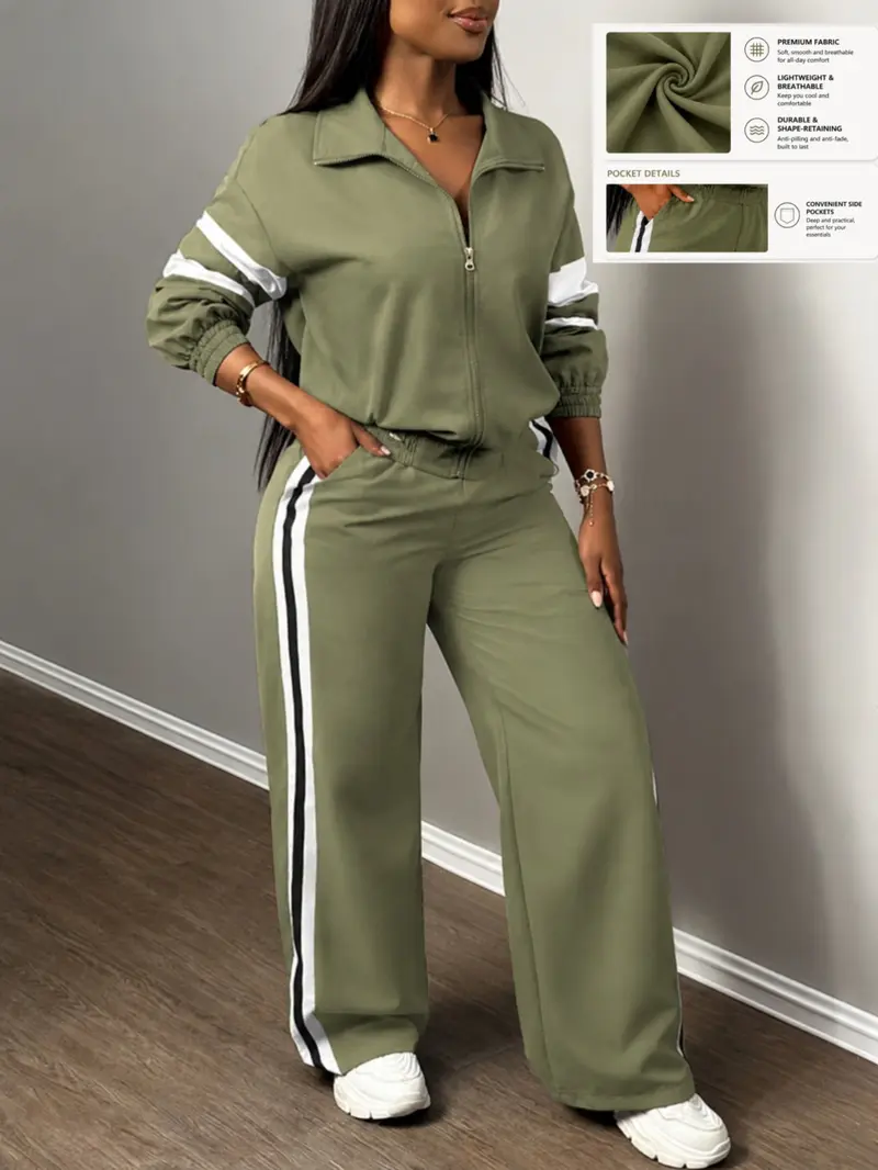Women's Two-Piece Sporty Casual Set, Comfortable Fabric, Zipper Jacket & Striped Wide Leg Pants, Practical Pockets, Spring Fall Fashion, Sweatsuit with Pocket
