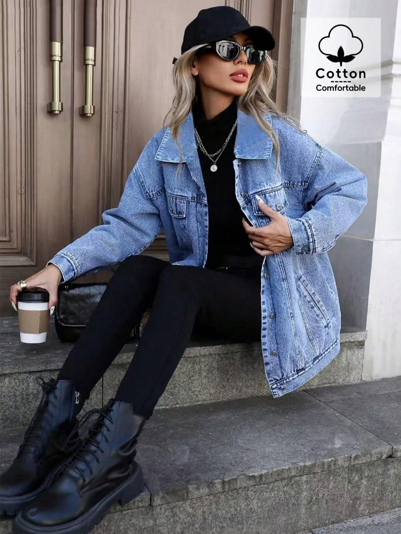 OBlue Jeans Elegant Street Style Loose Fit Denim Jacket Outerwear, All Season Casual Wear, Versatile and Comfortable, Perfect for Everyday Use