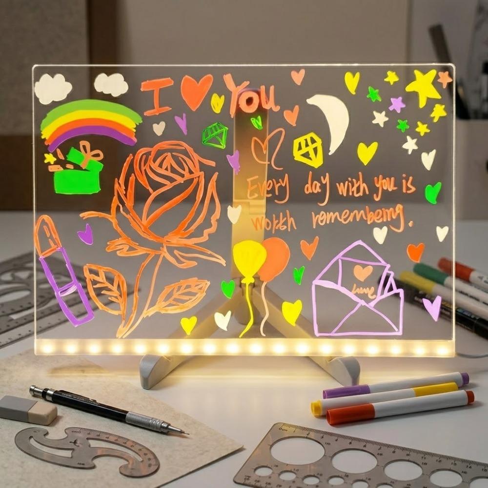Multi-Function glowing Drawing Board desk lamp with erasable Whiteboard, Kids Creative Learning Night Light, Acrylic Memo Board, Colorful Pen Set, Fun Gift for Home Decor & Study Tools