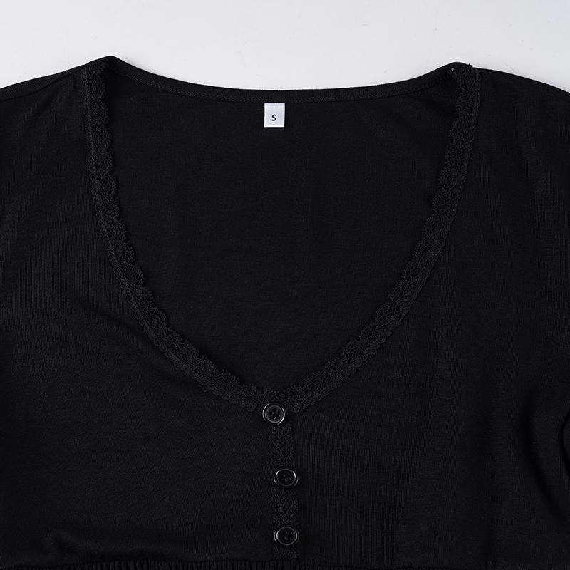 Sexy Elegant Low Neck Knit Half Placket Top. Casual Classy Top Flare Sleeve Loose Baby Doll Blouse. Solid Black Casual Y2K Minimalist T-Shirt for Daily Commute & Dating.
