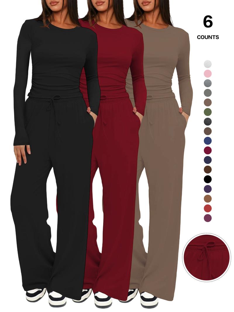 Women's Fitted Two-Piece Lounge Set, Ruched Tee & Drawstring Pocket Pants with Organic Fabric, Casual Daily Wear