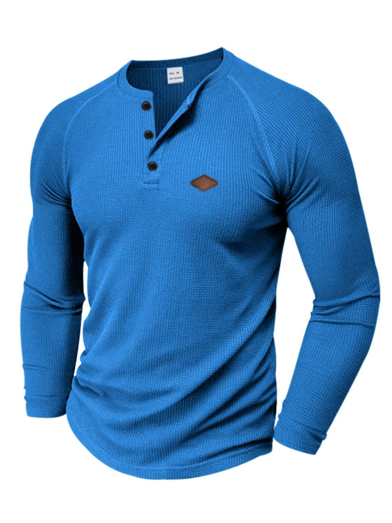 Men's Regular Fit Embroidery Half Placket Button Thumb Hole Design Henley Neck T-shirt, Casual Long Sleeve Tee for Spring & Fall, Fashion Men's Top for Daily Wear