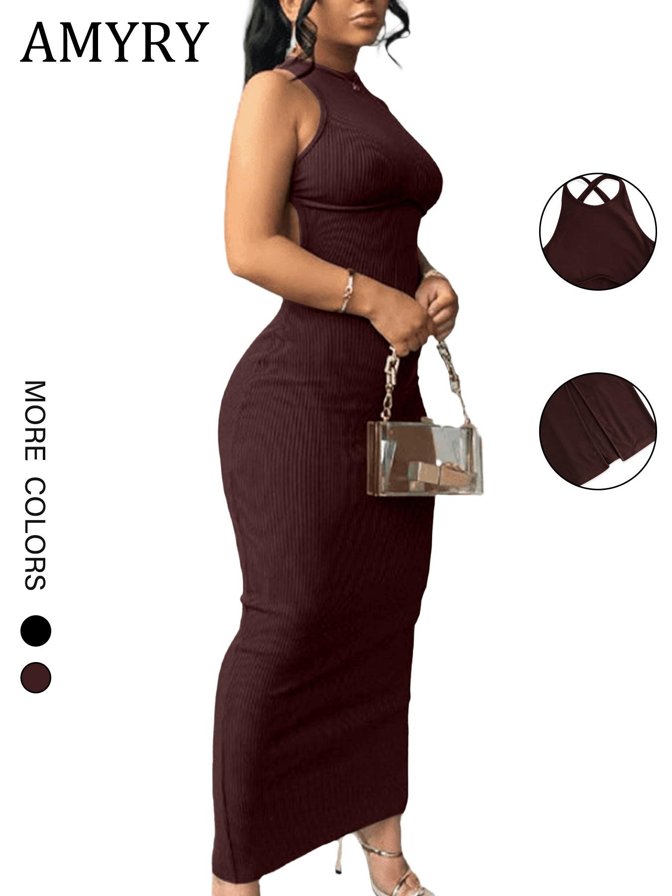 Women's Plain Solid Bodycon Slim Fit Sleeveless High Elastic Loose Round Neck Ribbed Casual Sexy Dress, Spring & Fall Fashion