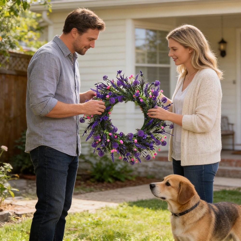 1pc Purple Lavender Dandelion Simulation Flower Wreath, Home, Outdoor, Door Wreath, Party, Mother's Day, Father's Day, Birthday Gift Wreath, Summer and Autumn Wreath, Garden, Doors and Windows, Staircase Decoration