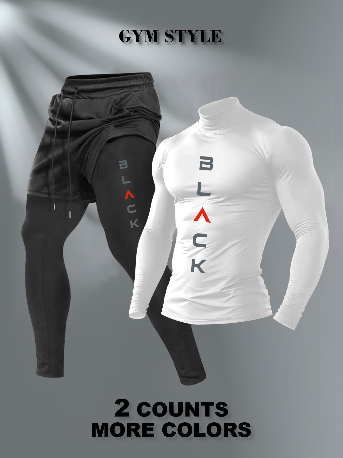 Men's High Neck Warm Long Sleeve T-Shirt + Faux Two-Piece Pants Set, Casual Fashion, Fall & Winter Wear, Comfortable and Stylish