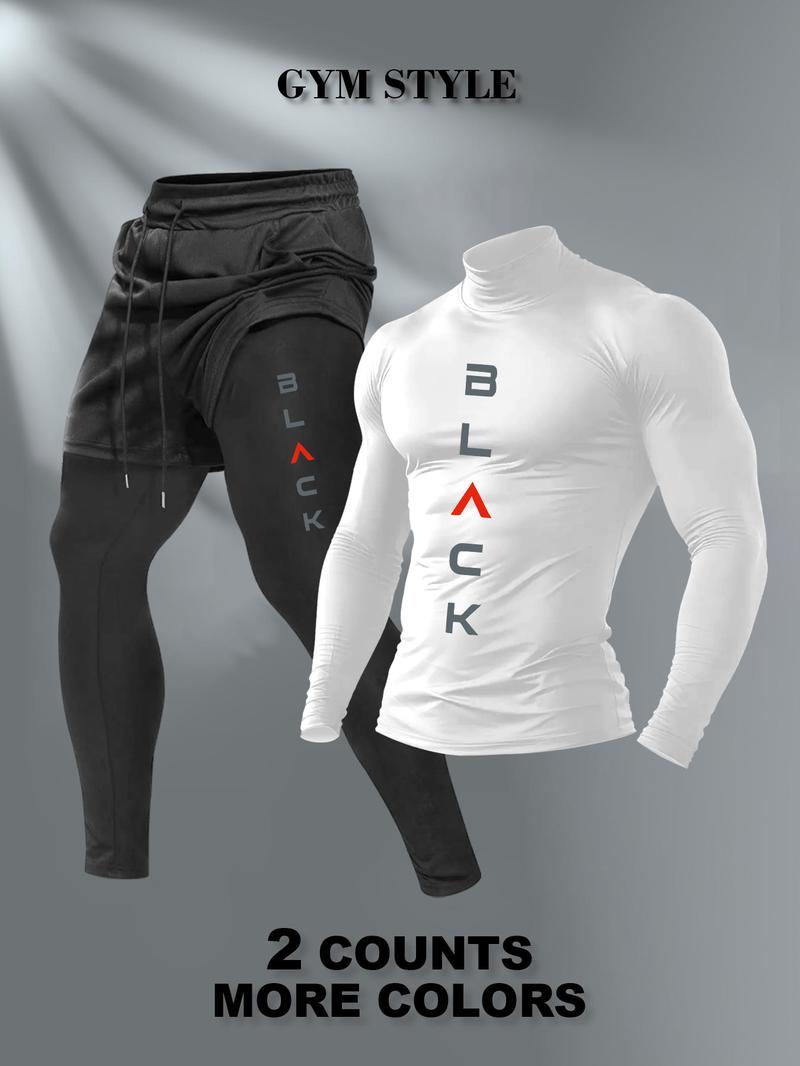 Men's High Neck Warm Long Sleeve T-Shirt + Faux Two-Piece Pants Set, Casual Fashion, Fall & Winter Wear, Comfortable and Stylish